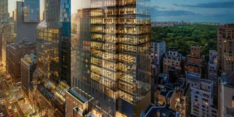 Illustration of the W. 57th St. building at dusk, surrounded by other buildings, a busy street, and a park in the background.