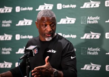 New York Jets head coach Aaron Glenn speaks in a press conference after an NFL football game against the Jacksonville Jaguars, Sunday, Dec. 14, 2025, in Jacksonville, Fla.