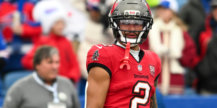 Tampa Bay Buccaneers wide receiver Emeka Egbuka (2) warms up prior to the game against the Buffalo Bills at Highmark Stadium.