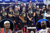 An image collage containing 3 images, Image 1 shows Jalen Brunson #11 of the New York Knicks holds the trophy along side his teammates as they pose for a photo after winning the NBA Cup, Image 2 shows Oklahoma City Thunder guard Shai Gilgeous-Alexander (2) brings the ball up court against the San Antonio Spurs, Image 3 shows Los Angeles Lakers' LeBron James, left, reacts to his three point shot with Luka Doncic, right, celebrating during the second half of an NBA basketball game against the Philadelphia 76ers, Sunday, Dec. 7, 2025, in Philadelphia.