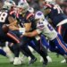 Buffalo Bills linebacker Matt Milano sacks New England Patriots quarterback Drake Maye.
