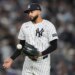 New York Yankees pitcher Devin Williams reacts after giving up a two-run RBI single to Toronto Blue Jays' Nathan Lukes during the seventh inning of Game 4 of baseball's American League Division Series.