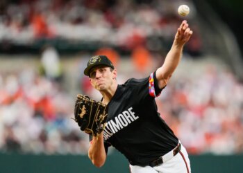 Baltimore Orioles starting pitcher John Means throwing to the Seattle Mariners.