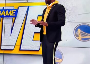 Festus Ezeli standing on a "Postgame Live" set.