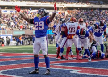 New York Giants running back Tyrone Tracy Jr. (29) reacts after scoring a touchdown.