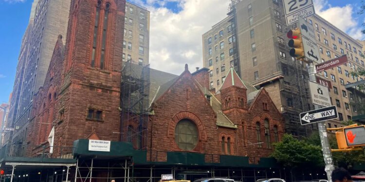 West Park Presbyterian Church with scaffolding on West 86th Street in New York City.