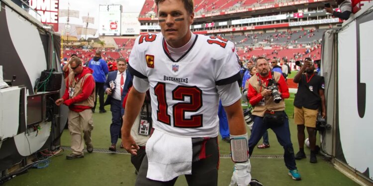 Tampa Bay Buccaneers quarterback Tom Brady (12) leaves the field after beating the Philadelphia Eagles 31-15 on Sunday, January16, 2022 in Tampa.