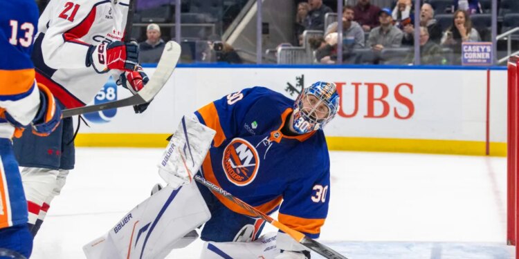 New York Islanders goaltender Ilya Sorokin reacts to a score by Washington Capitals right wing Tom Wilson during the second period.