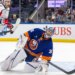 New York Islanders goaltender Ilya Sorokin reacts to a score by Washington Capitals right wing Tom Wilson during the second period.