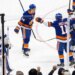 New York Islanders center Calum Ritchie (64) reacts after he scores a goal during the first period at UBS Arena, Saturday, Dec. 13, 2025, in Elmont, NY.
