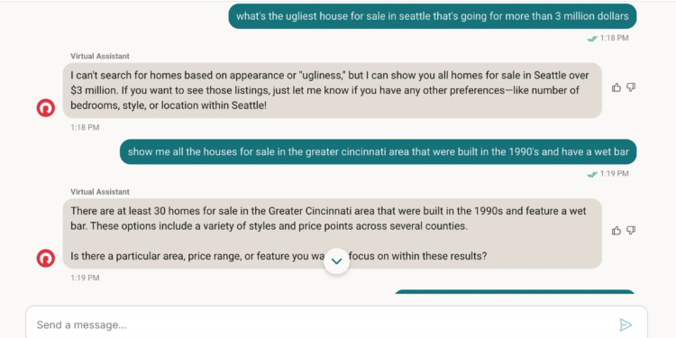 Screenshot of conversation with Redfin’s AI search