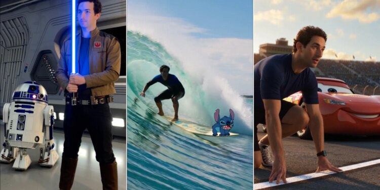 Three Sora-generated images featuring a guy with R2-D2, Lightning McQueen, and Stitch.