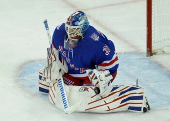New York Rangers goaltender Igor Shesterkin makes a save in the second period at Madison Square Garden in New York, New York, December 02, 2025.