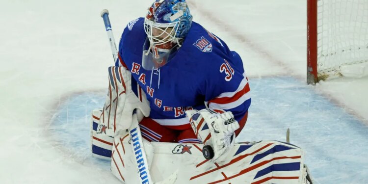 New York Rangers goaltender Igor Shesterkin makes a save in the second period at Madison Square Garden in New York, New York, December 02, 2025.