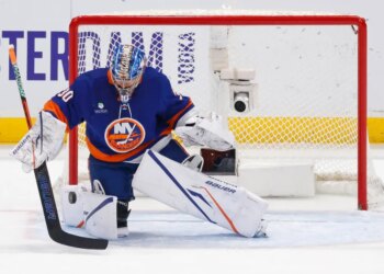 New York Islanders goaltender Ilya Sorokin (30) makes a stop during the first period when the New York Islanders played the Tuesday, December 9, 2025 at UBS Arena in Elmont, NY.