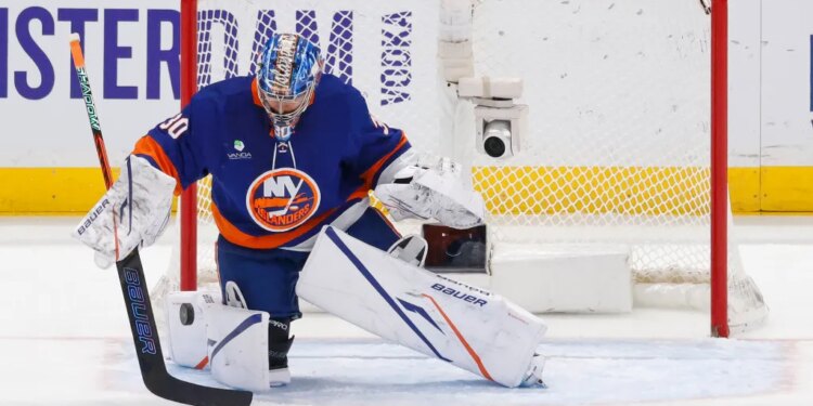 New York Islanders goaltender Ilya Sorokin (30) makes a stop during the first period when the New York Islanders played the Tuesday, December 9, 2025 at UBS Arena in Elmont, NY.