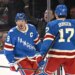 Rangers center J.T. Miller (8) reacts after scoring a goal against the Canadiens.