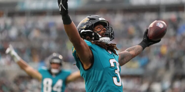 Jacksonville Jaguars wide receiver Jakobi Meyers (3) reacting after scoring a touchdown.