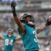 Jacksonville Jaguars wide receiver Jakobi Meyers (3) reacting after scoring a touchdown.