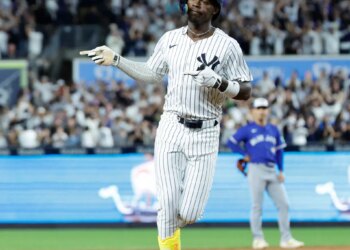 New York Yankees second baseman Jazz Chisholm Jr. reacts as he rounds the bases on his solo home run to give the Yankees the lead during the fifth inning of Game three of the ALDS against the Toronto Blue Jays in the Bronx, New York, October 07 2025.