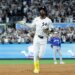 New York Yankees second baseman Jazz Chisholm Jr. reacts as he rounds the bases on his solo home run to give the Yankees the lead during the fifth inning of Game three of the ALDS against the Toronto Blue Jays in the Bronx, New York, October 07 2025.