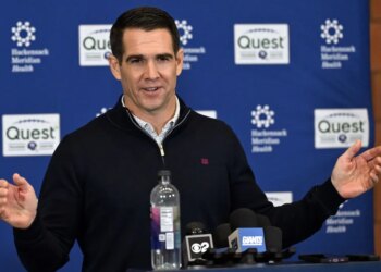 Giants general manager Joe Schoen talks with the media during a press conference on Dec. 2, 2025.