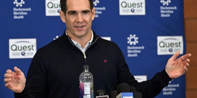 Giants general manager Joe Schoen talks with the media during a press conference on Dec. 2, 2025.