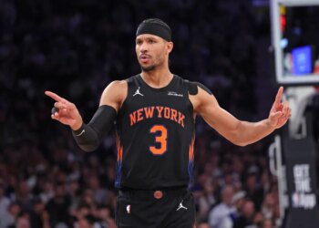 New York Knicks guard Josh Hart #3 reacts after a call during the fourth quarter. The New York Knicks lose to the Philadelphia 76ers.