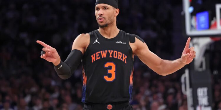 New York Knicks guard Josh Hart #3 reacts after a call during the fourth quarter. The New York Knicks lose to the Philadelphia 76ers.