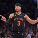 New York Knicks guard Josh Hart #3 reacts after a call during the fourth quarter. The New York Knicks lose to the Philadelphia 76ers.