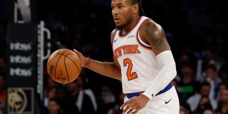 New York Knicks guard Miles McBride is seen on the court against the Charlotte Hornets in the first half at Madison Square Garden in New York, Friday, October 17, 2025.