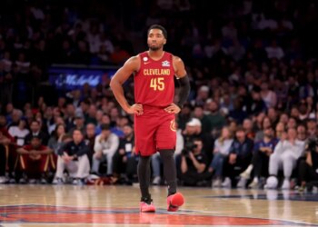 Cleveland Cavaliers guard Donovan Mitchell (45) reacts during the second quarter against the New York Knicks.