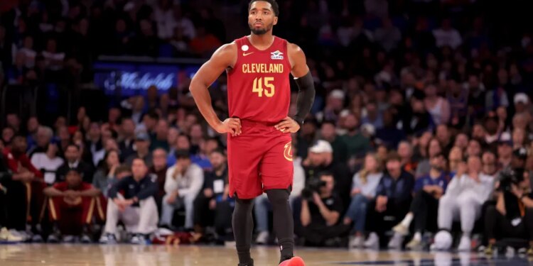 Cleveland Cavaliers guard Donovan Mitchell (45) reacts during the second quarter against the New York Knicks.