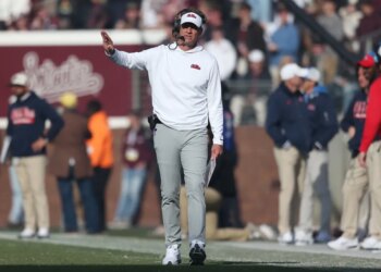 Mississippi Rebels head coach Lane Kiffin on the sideline.