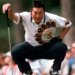 Japan's Jumbo Ozaki lines up his putt on the first green during final round the Masters at the Augusta National Golf Club in Augusta, Ga., April 13, 1997.