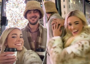 Livvy Dunne and Paul Skenes cozy up by Rockefeller Center tree