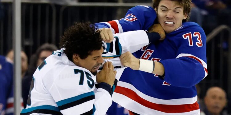 Matt Rempe ie believed to have injured his thumb in this fight with Ryan Reaves on Oct. 23, 2025.
