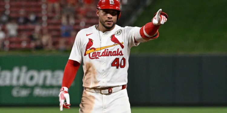 St. Louis Cardinals first baseman Willson Contreras (40) celebrates after hitting a RBI single against the Cincinnati Reds in the sixth inning at Busch Stadium.