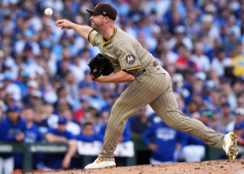 San Diego Padres' Michael King throws during the fourth inning of Game 3 of a National League wild card baseball game against the Chicago Cubs Thursday, Oct. 2, 2025, in Chicago.
