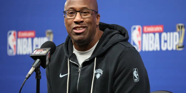 Knicks head coach Mike Brown speaking to the media after practice at the T-Mobile Arena in Las Vegas, Nevada.