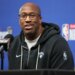 Knicks head coach Mike Brown speaking to the media after practice at the T-Mobile Arena in Las Vegas, Nevada.