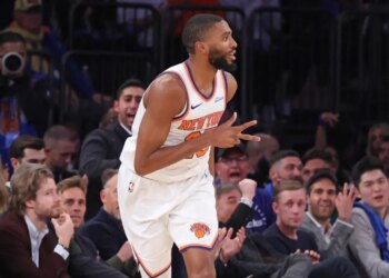 Knicks guard Mikal Bridges reacts after hitting a three-point shot during the fourth quarter against the Timberwolves on Nov. 5, 2025.