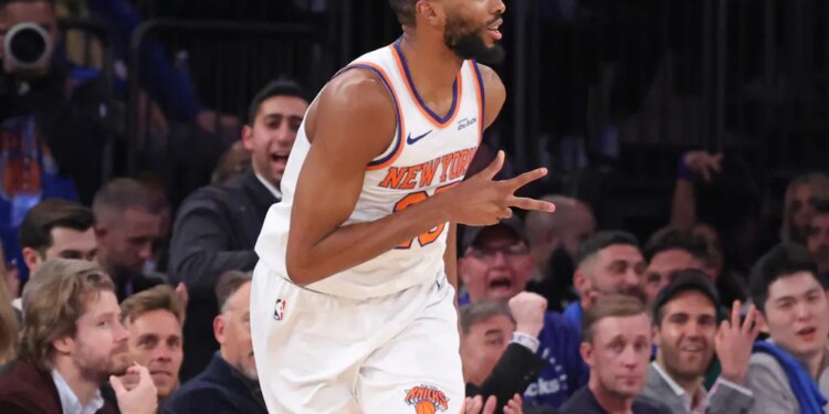 Knicks guard Mikal Bridges reacts after hitting a three-point shot during the fourth quarter against the Timberwolves on Nov. 5, 2025.