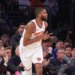 Knicks guard Mikal Bridges reacts after hitting a three-point shot during the fourth quarter against the Timberwolves on Nov. 5, 2025.
