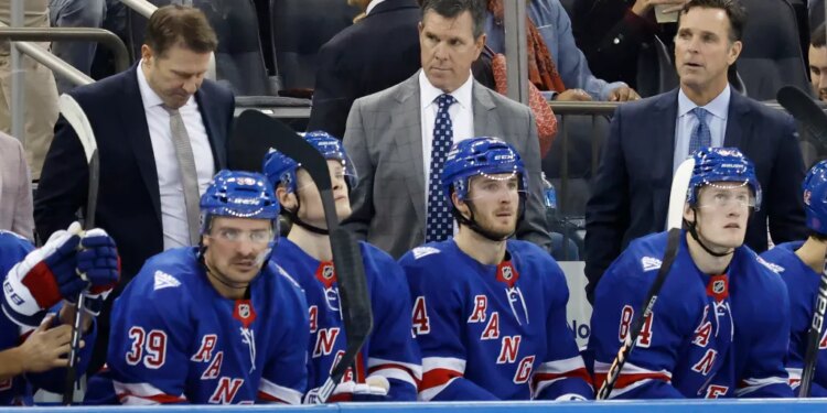 Mike Sullivan reacts on the bench in the third period at Madison Square Garden in New York, October 23, 2025.