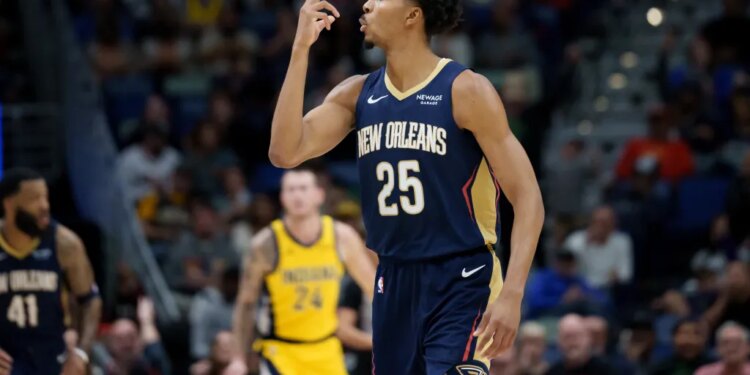 New Orleans Pelicans forward Trey Murphy III reacting after making a basket.