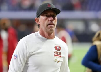 San Francisco 49ers head coach Kyle Shanahan on the sidelines.