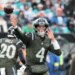 New York Jets quarterback Brady Cook #4 throws a pass during the third quarter.