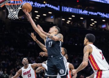 Michael Porter Jr. who scored a game-high 28 points, goes up for a layup during the Nets' 106-95 loss to the Heat on Dec. 18, 2025 at Barclays Center.