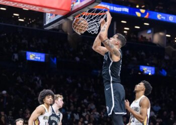 Michael Porter Jr. #17 of the Brooklyn Nets slams the ball during the second half at Barclays Center.